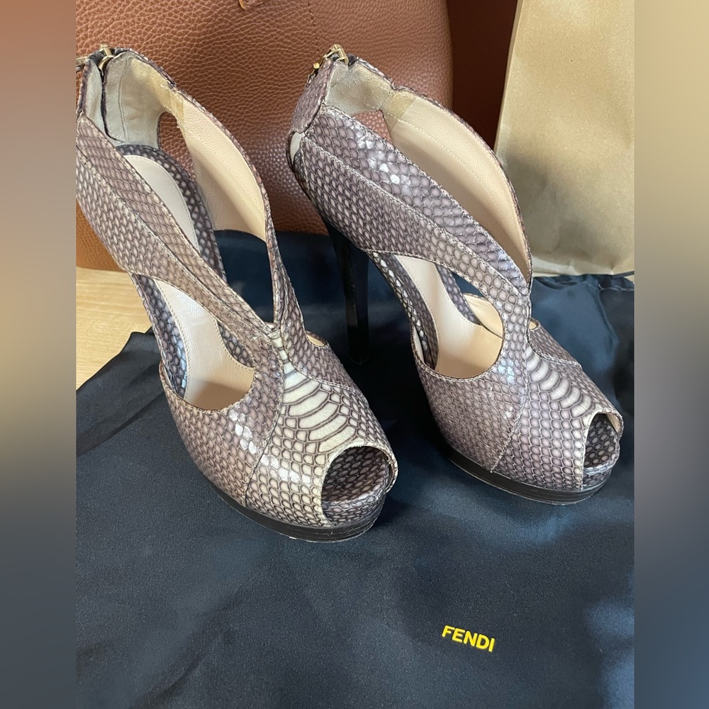 Fendi Brown Snakeskin Cutout Heels